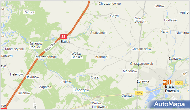 mapa Franopol gmina Biała Rawska, Franopol gmina Biała Rawska na mapie Targeo