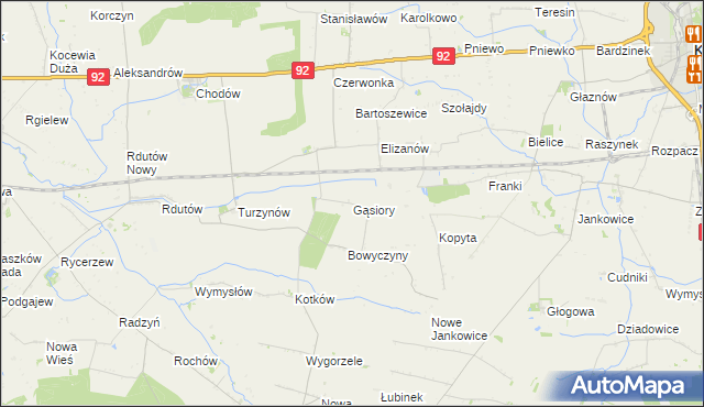 mapa Gąsiory gmina Chodów, Gąsiory gmina Chodów na mapie Targeo