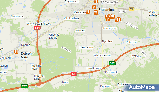 mapa Hermanów gmina Pabianice, Hermanów gmina Pabianice na mapie Targeo