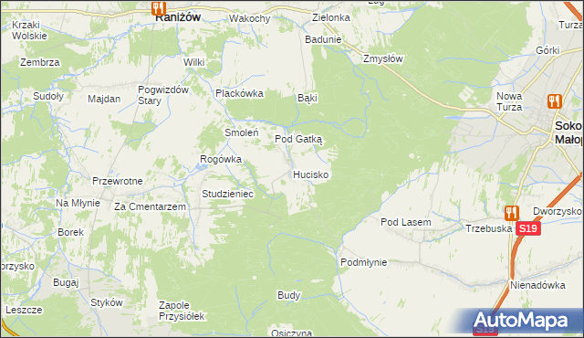 mapa Hucisko gmina Głogów Małopolski, Hucisko gmina Głogów Małopolski na mapie Targeo