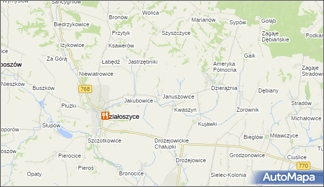 mapa Januszowice gmina Działoszyce, Januszowice gmina Działoszyce na mapie Targeo
