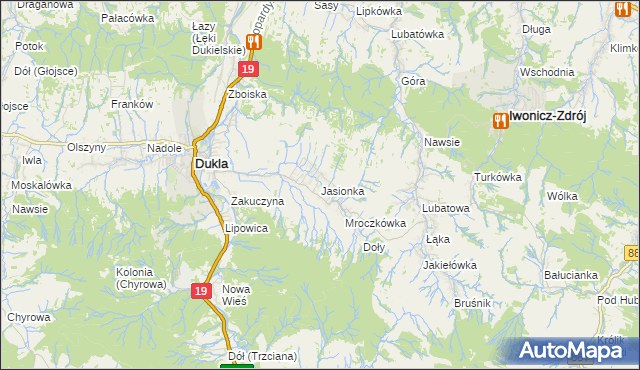 mapa Jasionka gmina Dukla, Jasionka gmina Dukla na mapie Targeo