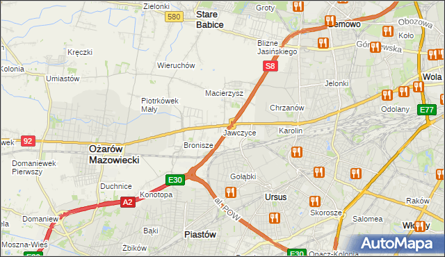 mapa Jawczyce gmina Ożarów Mazowiecki, Jawczyce gmina Ożarów Mazowiecki na mapie Targeo