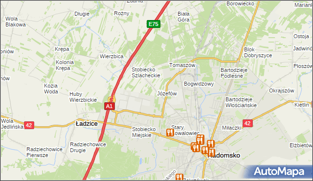 mapa Józefów gmina Ładzice, Józefów gmina Ładzice na mapie Targeo