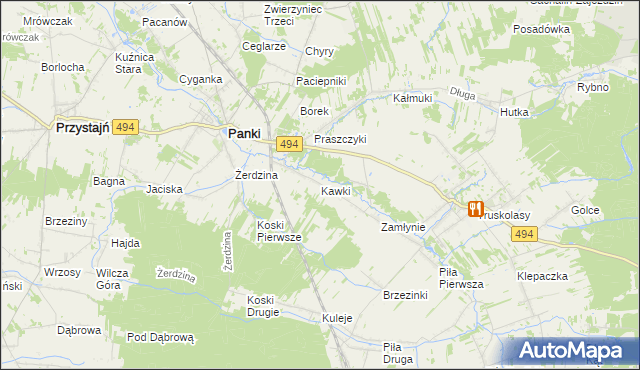 mapa Kawki gmina Panki, Kawki gmina Panki na mapie Targeo