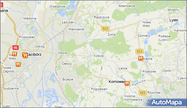 mapa Kobyla gmina Kornowac, Kobyla gmina Kornowac na mapie Targeo