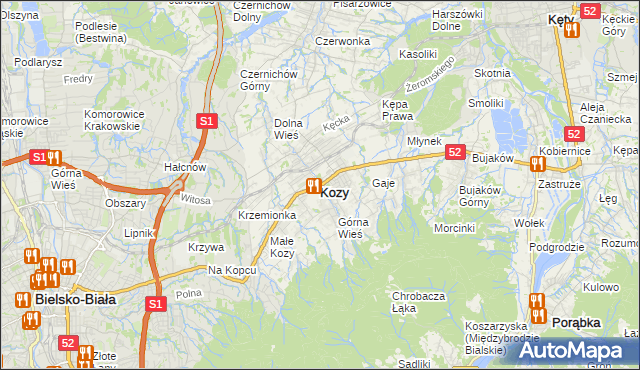 mapa Kozy powiat bielski, Kozy powiat bielski na mapie Targeo