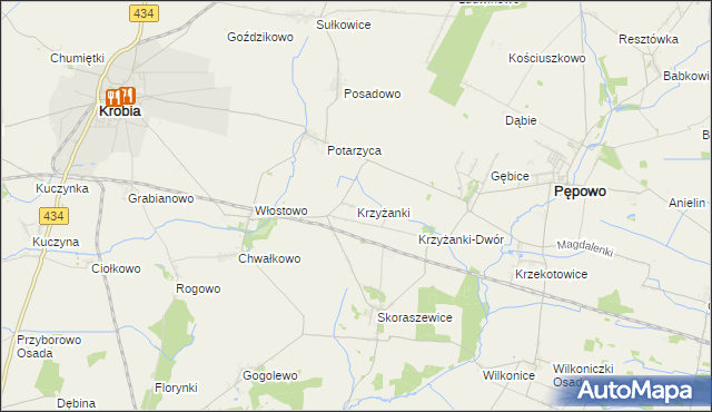 mapa Krzyżanki gmina Pępowo, Krzyżanki gmina Pępowo na mapie Targeo