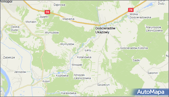 mapa Łany gmina Gościeradów, Łany gmina Gościeradów na mapie Targeo