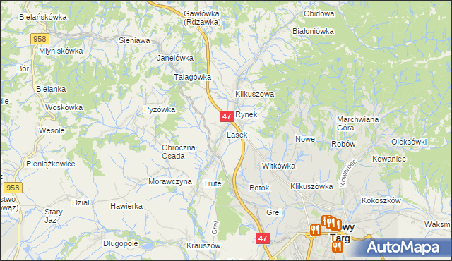 mapa Lasek gmina Nowy Targ, Lasek gmina Nowy Targ na mapie Targeo