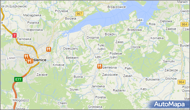 mapa Łęki gmina Myślenice, Łęki gmina Myślenice na mapie Targeo
