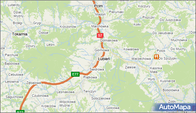 mapa Lubień powiat myślenicki, Lubień powiat myślenicki na mapie Targeo