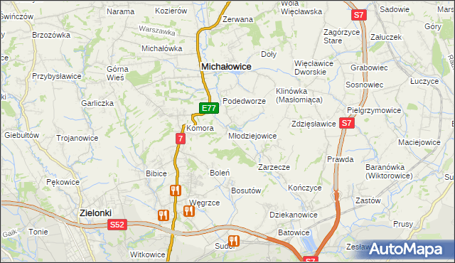 mapa Młodziejowice gmina Michałowice, Młodziejowice gmina Michałowice na mapie Targeo