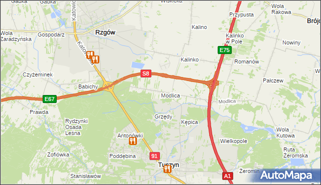 mapa Modlica gmina Tuszyn, Modlica gmina Tuszyn na mapie Targeo