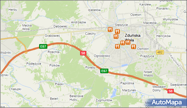 mapa Ogrodzisko gmina Zduńska Wola, Ogrodzisko gmina Zduńska Wola na mapie Targeo