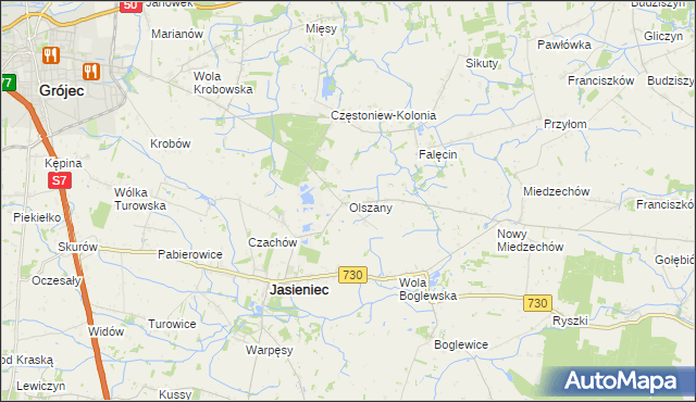 mapa Olszany gmina Jasieniec, Olszany gmina Jasieniec na mapie Targeo