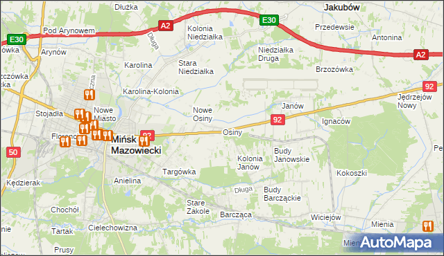 mapa Osiny gmina Mińsk Mazowiecki, Osiny gmina Mińsk Mazowiecki na mapie Targeo