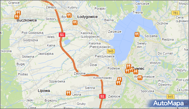 mapa Pietrzykowice gmina Łodygowice, Pietrzykowice gmina Łodygowice na mapie Targeo
