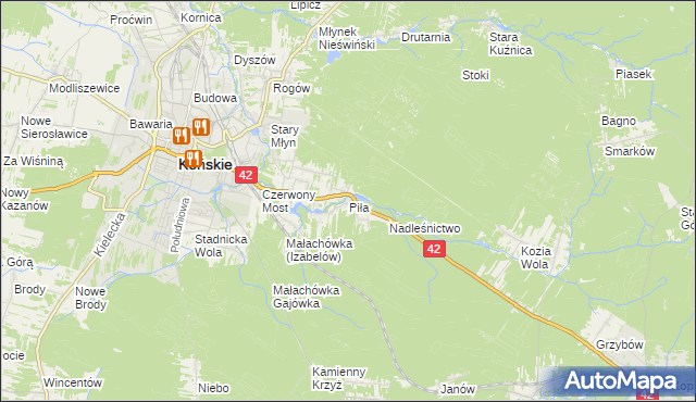 mapa Piła gmina Końskie, Piła gmina Końskie na mapie Targeo