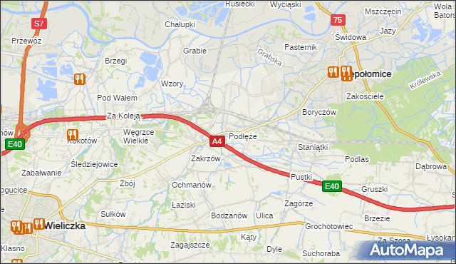 mapa Podłęże gmina Niepołomice, Podłęże gmina Niepołomice na mapie Targeo