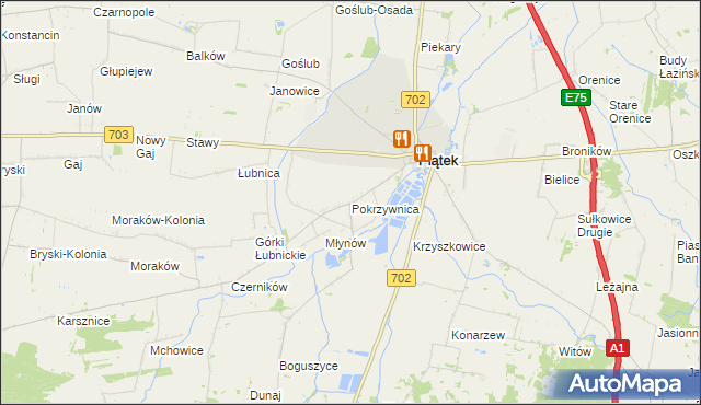 mapa Pokrzywnica gmina Piątek, Pokrzywnica gmina Piątek na mapie Targeo