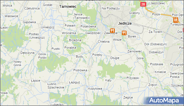 mapa Poręby gmina Jedlicze, Poręby gmina Jedlicze na mapie Targeo