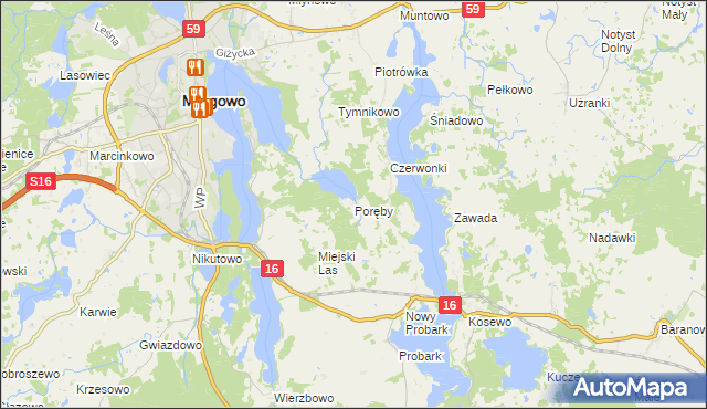 mapa Poręby gmina Mrągowo, Poręby gmina Mrągowo na mapie Targeo