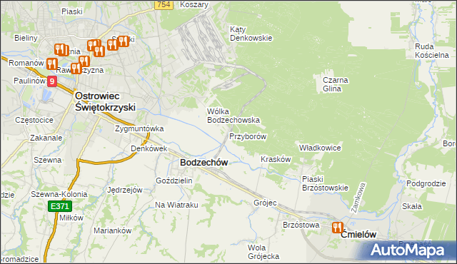 mapa Przyborów gmina Bodzechów, Przyborów gmina Bodzechów na mapie Targeo