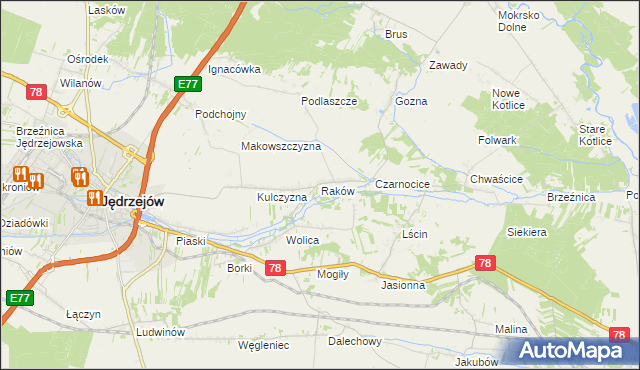 mapa Raków gmina Jędrzejów, Raków gmina Jędrzejów na mapie Targeo