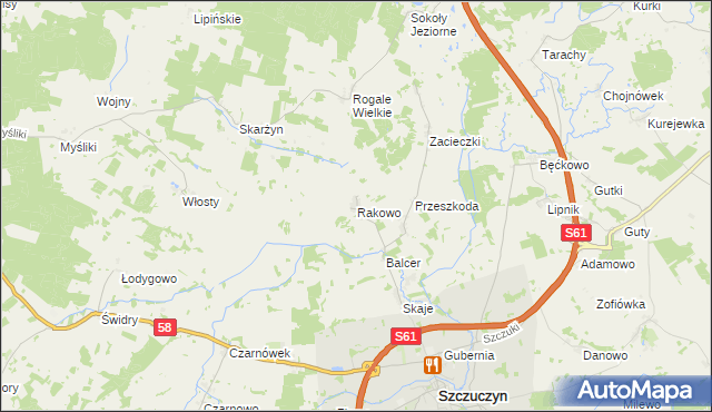 mapa Rakowo gmina Szczuczyn, Rakowo gmina Szczuczyn na mapie Targeo