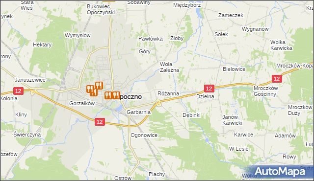 mapa Różanna gmina Opoczno, Różanna gmina Opoczno na mapie Targeo