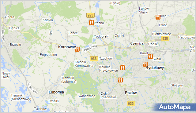 mapa Rzuchów gmina Kornowac, Rzuchów gmina Kornowac na mapie Targeo
