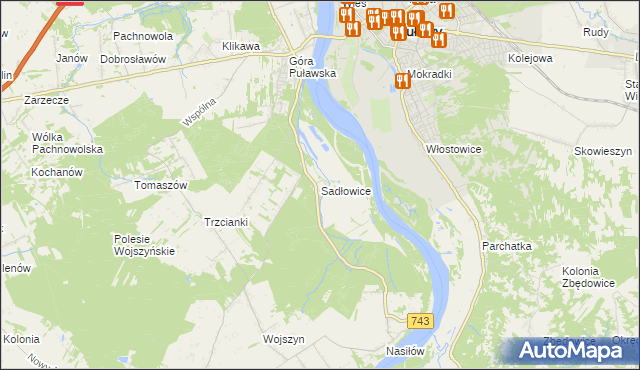 mapa Sadłowice gmina Puławy, Sadłowice gmina Puławy na mapie Targeo