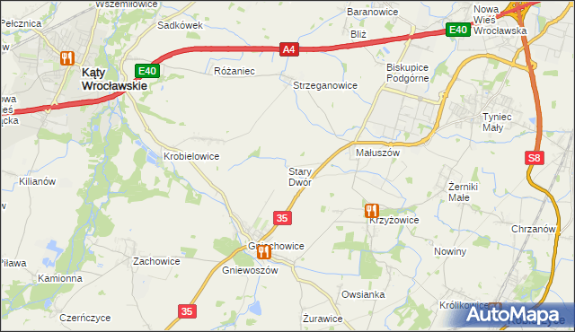 mapa Stary Dwór gmina Kąty Wrocławskie, Stary Dwór gmina Kąty Wrocławskie na mapie Targeo