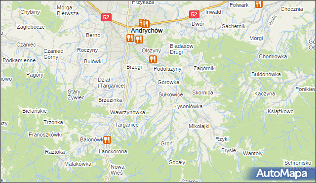 mapa Sułkowice gmina Andrychów, Sułkowice gmina Andrychów na mapie Targeo