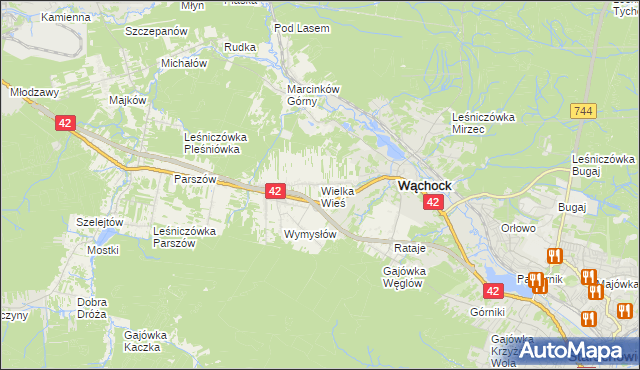 mapa Wielka Wieś gmina Wąchock, Wielka Wieś gmina Wąchock na mapie Targeo