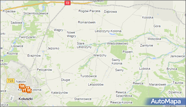 mapa Wierzchy gmina Koluszki, Wierzchy gmina Koluszki na mapie Targeo