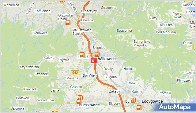 mapa Wilkowice powiat bielski, Wilkowice powiat bielski na mapie Targeo