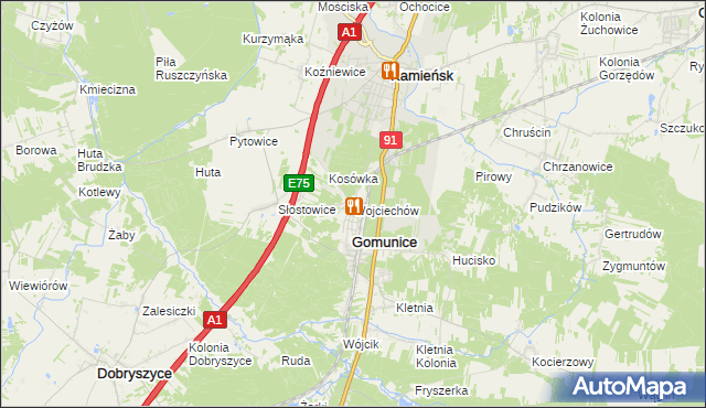 mapa Wojciechów gmina Gomunice, Wojciechów gmina Gomunice na mapie Targeo