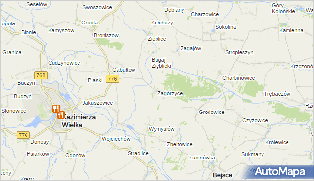 mapa Zagórzyce gmina Kazimierza Wielka, Zagórzyce gmina Kazimierza Wielka na mapie Targeo