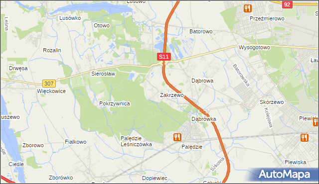 mapa Zakrzewo gmina Dopiewo, Zakrzewo gmina Dopiewo na mapie Targeo