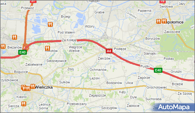 mapa Zakrzów gmina Niepołomice, Zakrzów gmina Niepołomice na mapie Targeo