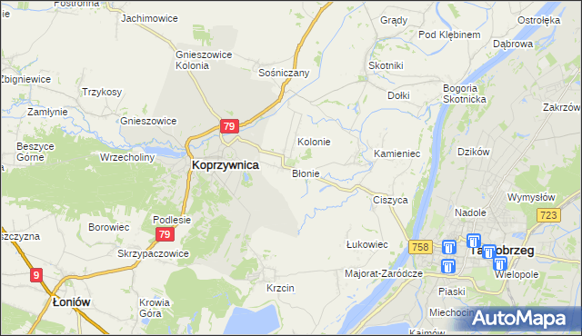 mapa Błonie gmina Koprzywnica, Błonie gmina Koprzywnica na mapie Targeo