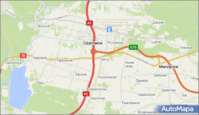 mapa Celiny gmina Ożarowice, Celiny gmina Ożarowice na mapie Targeo