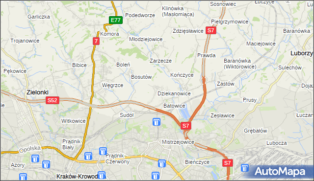 mapa Dziekanowice gmina Zielonki, Dziekanowice gmina Zielonki na mapie Targeo