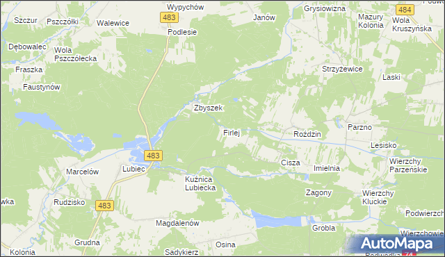 mapa Firlej gmina Szczerców, Firlej gmina Szczerców na mapie Targeo