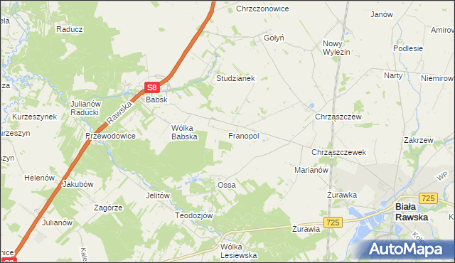 mapa Franopol gmina Biała Rawska, Franopol gmina Biała Rawska na mapie Targeo