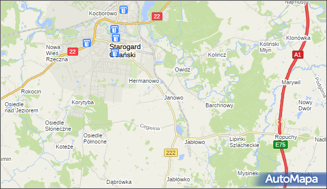 mapa Janowo gmina Starogard Gdański, Janowo gmina Starogard Gdański na mapie Targeo