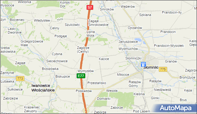 mapa Kacice gmina Słomniki, Kacice gmina Słomniki na mapie Targeo