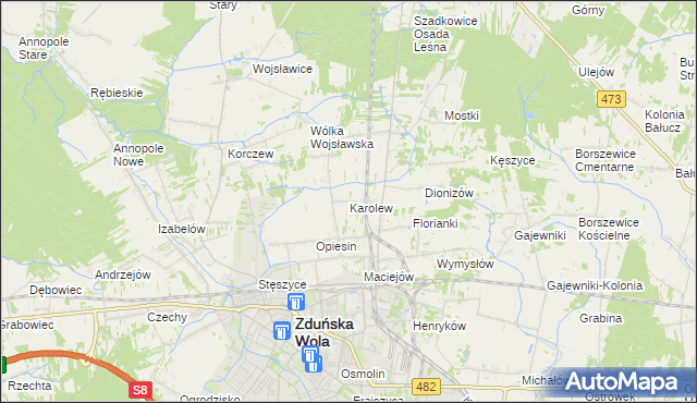 mapa Karolew gmina Zduńska Wola, Karolew gmina Zduńska Wola na mapie Targeo